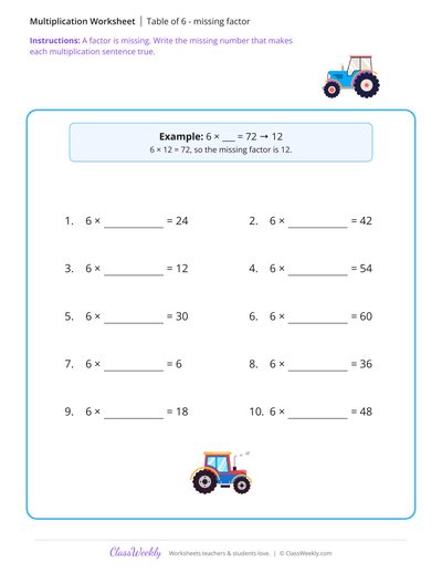 Table of 6 - missing factor - Free 2nd Grade Math Worksheet