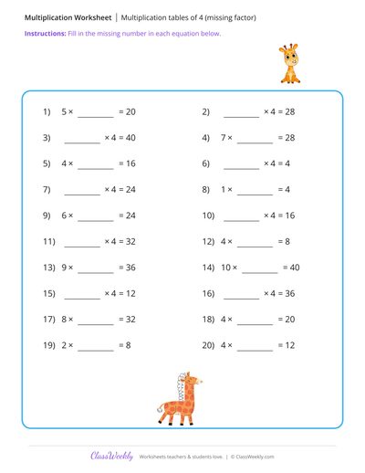 Multiplication tables of 4 (missing factor) - Giraffe
