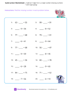 Subtract 1-digit from a 2-digit number (missing numbers with regrouping)