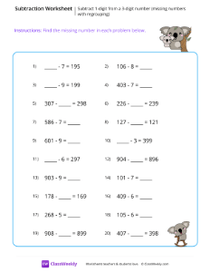 Subtract 1-digit from a 3-digit number (missing numbers with regrouping)