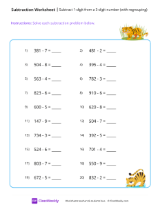 Subtract 1-digit from a 3-digit number (with regrouping)