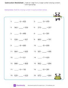 Subtract 1-digit from a 3-digit number (missing numbers with regrouping)