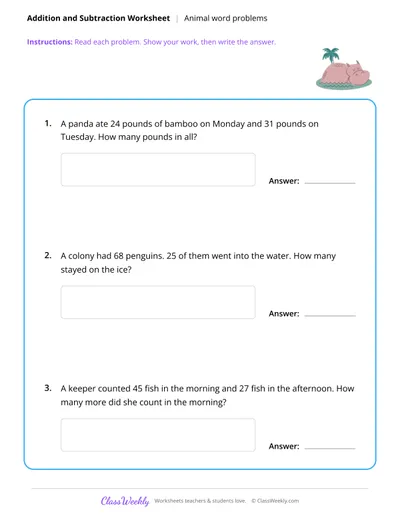 Addition and Subtraction - Animal Word Problems