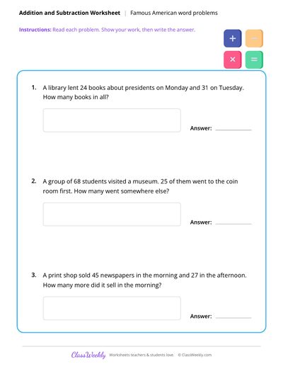 Addition and Subtraction Word Problems - Famous Americans