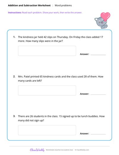 Addition and Subtraction Word Problems - Friendship & Kindness
