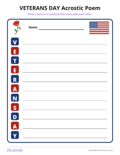 VETERANS DAY Acrostic Poem