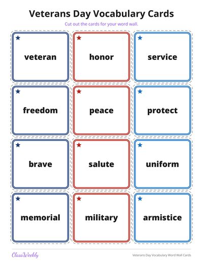 Veterans Day Vocabulary Word Wall Cards