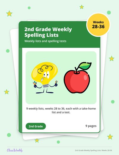 2nd Grade Weekly Spelling Lists: Weeks 28-36