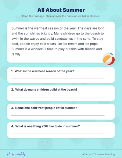 Second Grade Summer Reading Comprehension