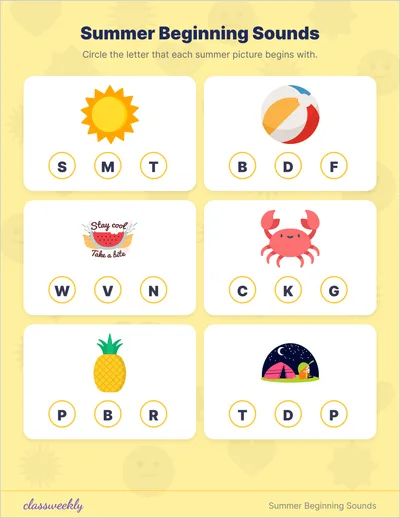 Summer Beginning Sounds Worksheet