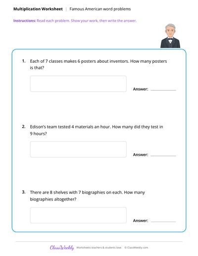 Multiplication Word Problems - Famous Americans