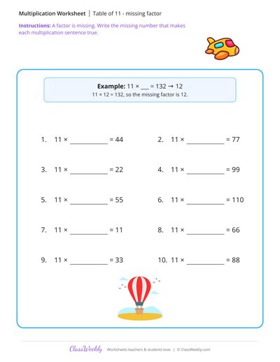 Table of 11 - missing factor - Free 3rd Grade Worksheet