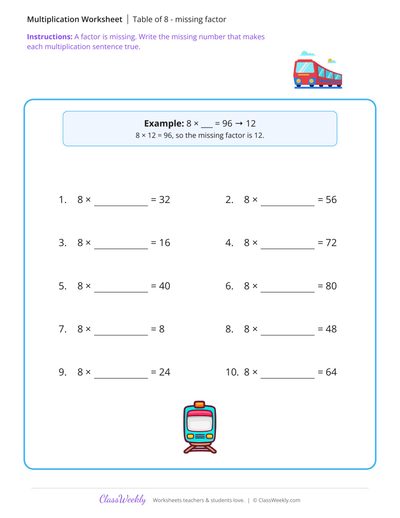 Table of 8 - missing factor - Free 3rd Grade Math Worksheet
