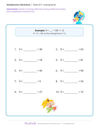 Table of 9 - missing factor - Free 3rd Grade Math Worksheet