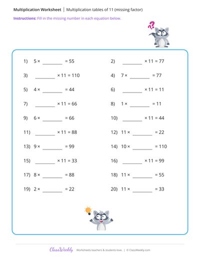 Multiplication tables of 11 (missing factor) - Raccoon