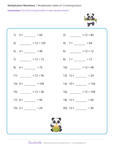 Multiplication tables of 12 (missing factor) - Panda