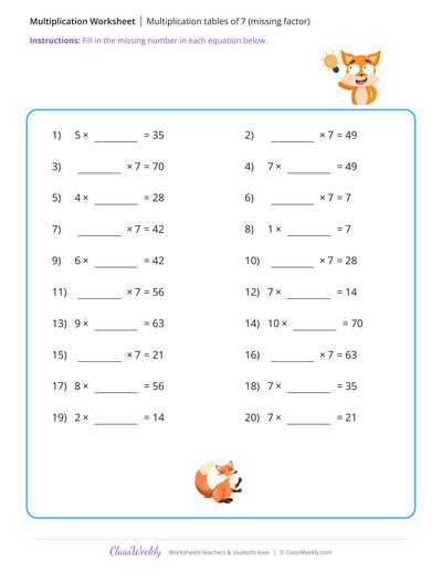 Multiplication tables of 7 (missing factor) - Fox Worksheet