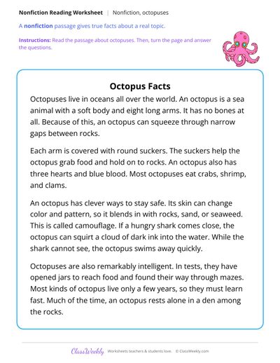 Octopus Facts (Nonfiction Passage)