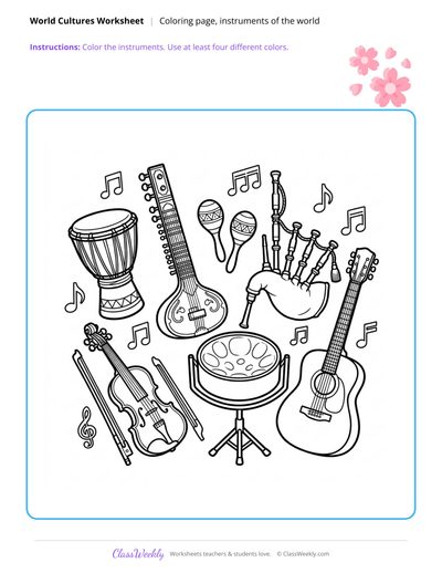 Instruments of the World Coloring Page - Diversity & World Cultures