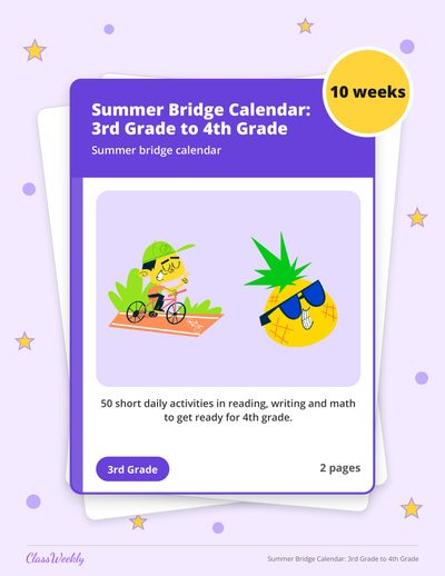 Summer Bridge Calendar: 3rd Grade to 4th Grade