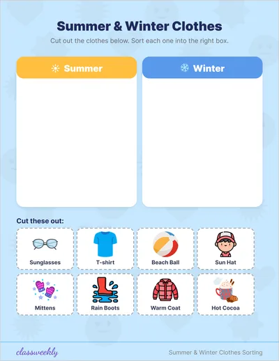 Kindergarten Activity: Winter and Summer Clothes Sorting