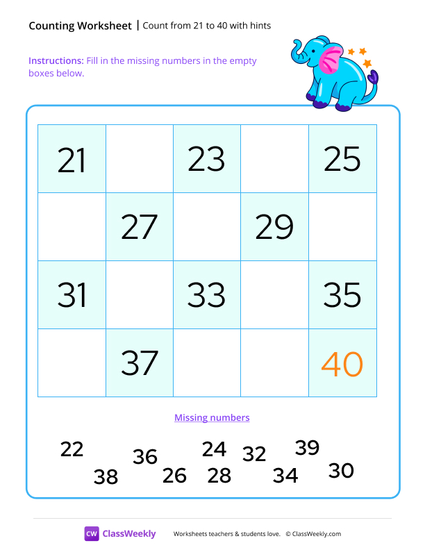 Count from 21 to 40 with hints