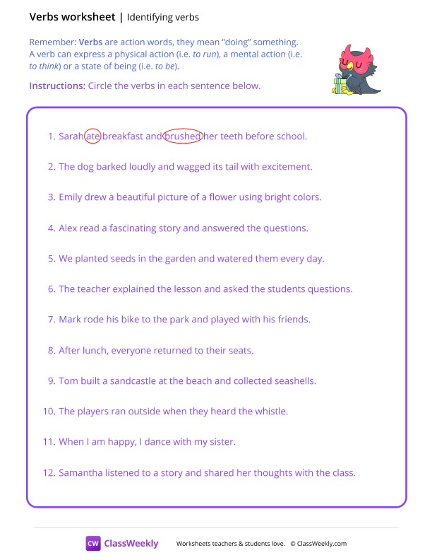 Identifying Verbs - Owl Gift