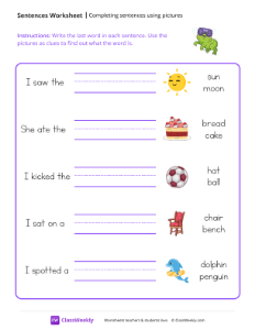 Completing Sentences With Pictures - Diving Frog - Free Printable 1st ...