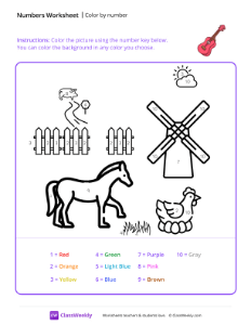 Color by Number (Farm) - Violin - Free Pre-K Math Worksheet | ClassWeekly