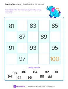 Count from 81 to 100 with hints - Free Pre-K Math Worksheet | ClassWeekly