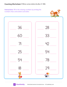 What comes before & after (1-100) - Monkey - Free Pre-K Math Worksheet ...