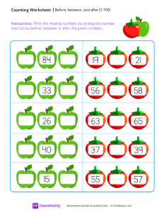 Before, between, and after (1-100) - Fruit - Free Pre-K Math Worksheet ...
