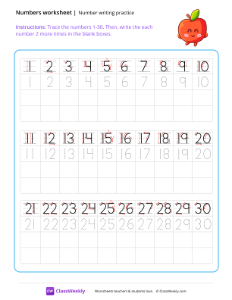Number writing practice (1-30) - Apple - Free Pre-K Math Worksheet ...